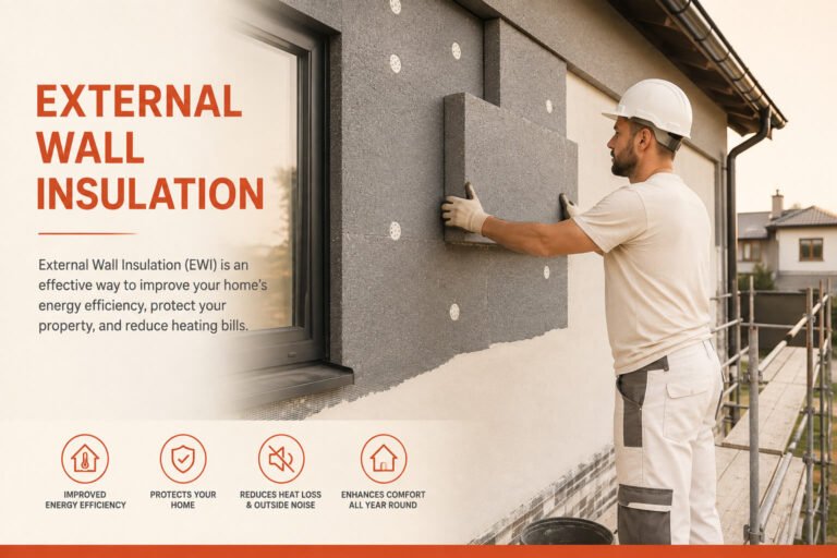 Installer fitting external wall insulation to a home during a retrofit