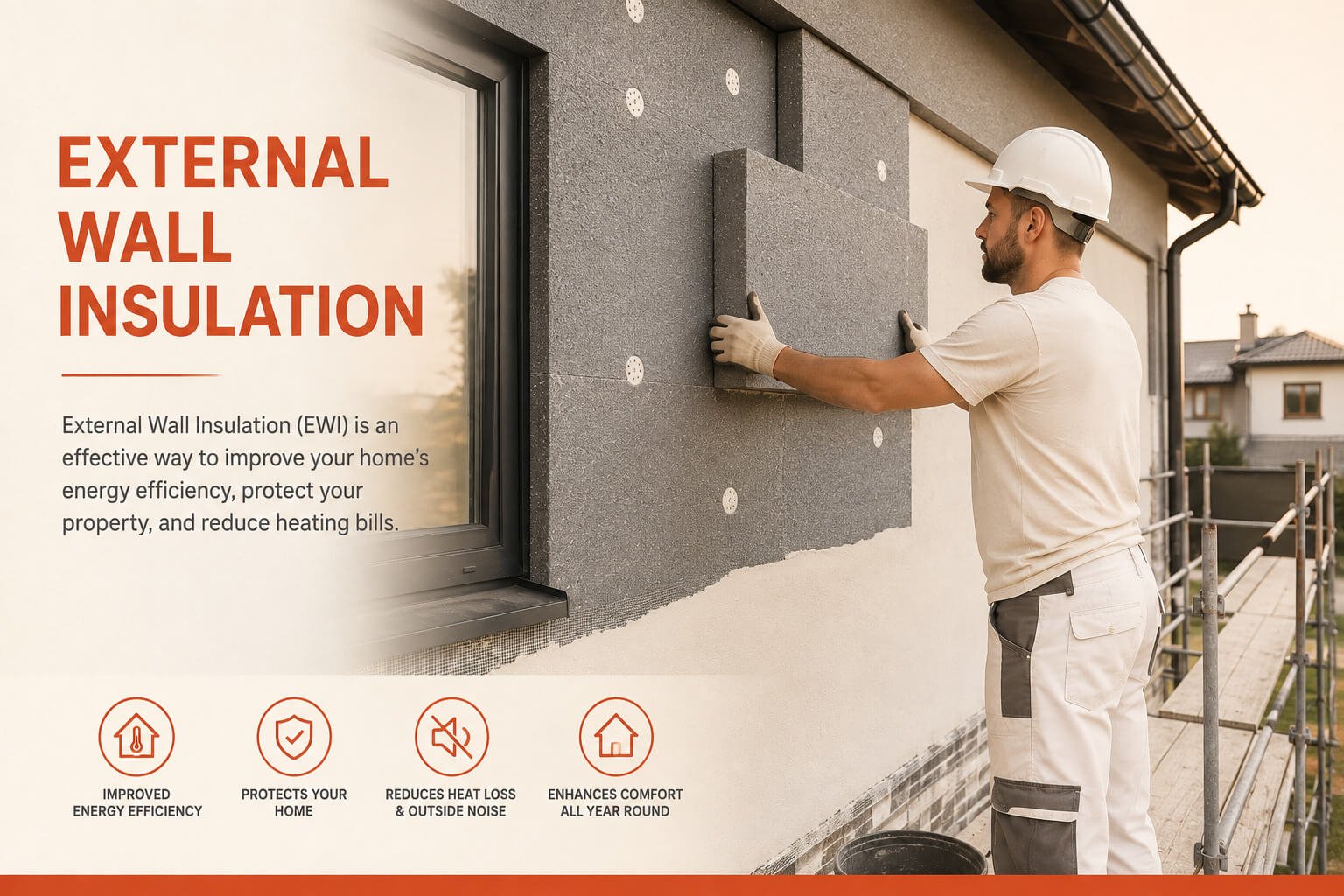 Installer fitting external wall insulation to a home during a retrofit